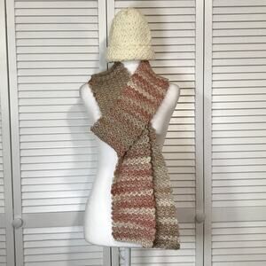 NWT Handmade Crocheted Cream Multicolor Textured Adult Beanie Scarf 80”
